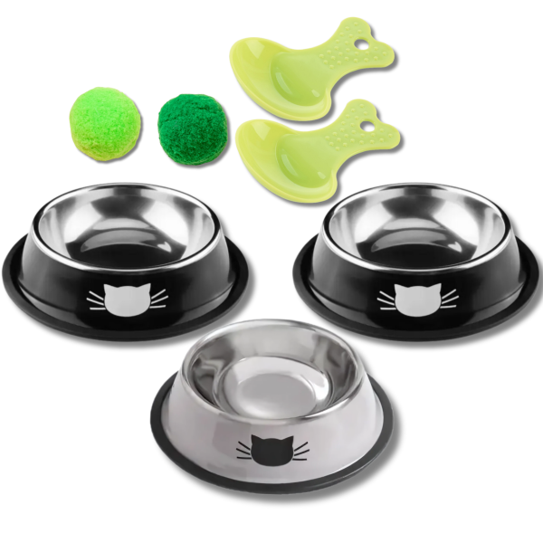 PAWHEAVENBYSOHAIB 3 Pack Stainless Steel Cat Bowls with 2 Spoons and 2 Cat Toys, Non-Slip Cat Feeder with Curved Sides to Prevent Whisker Fatigue, Cat Bowl