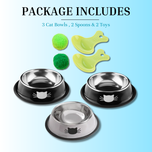 PAWHEAVENBYSOHAIB 3 Pack Stainless Steel Cat Bowls with 2 Spoons and 2 Cat Toys, Non-Slip Cat Feeder with Curved Sides to Prevent Whisker Fatigue, Cat Bowl - Image 2