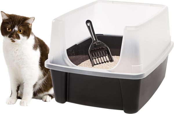 PAW HEAVEN BY SOHAIB Large Cat Litter Box with Scatter Shield and Scoop, Open Top High Sided Cat Litter Pan, Black